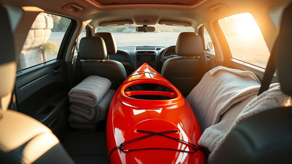 secure kayak inside vehicle with padding and straps